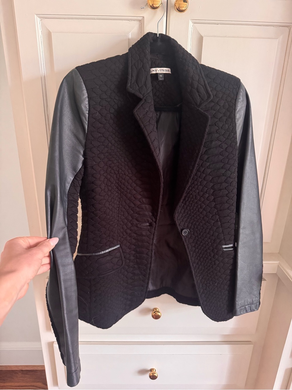 My Tribe Black Quilted Blazer with Faux-Leather Sleeves